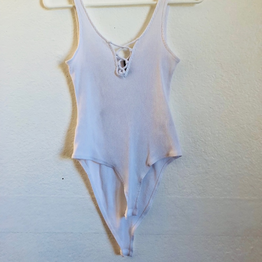 Ribbed white lace up tank top bodysuit